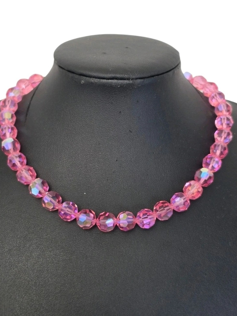 Vintage Pink Aurora Borealis Faceted Glass Bead Necklace 16" AB Crystal Choker
